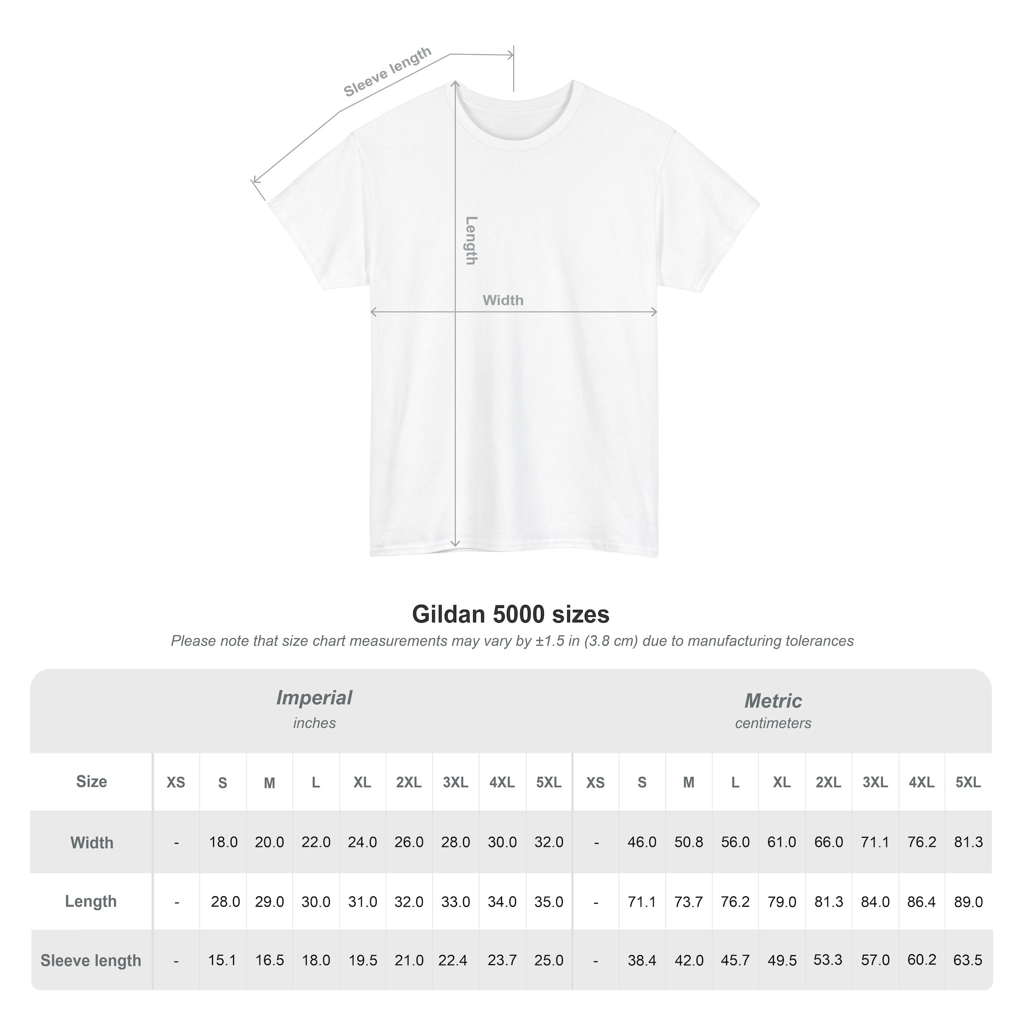 Diagram showing how to measure a Kings Painting Co. Logo T‑Shirt (Classic) | Gildan Ultra Cotton (G5000), with a sizing chart in inches and centimeters for sizes XS to 5XL, including width, length, and sleeve length.